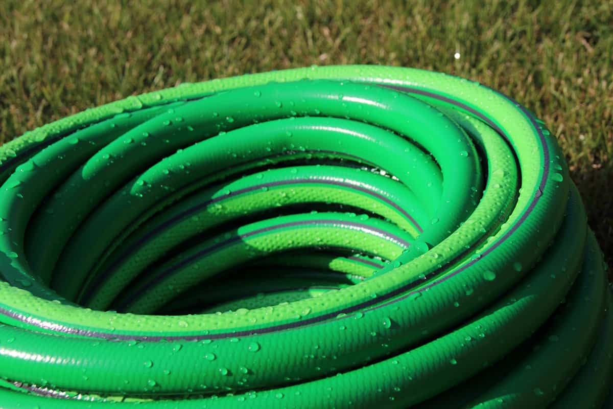 Garden hose bundle on the mown lawn in the summer garden