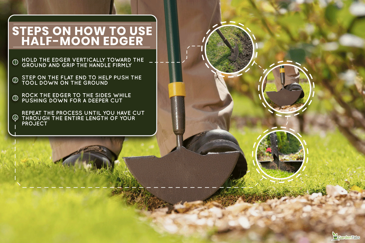 A man in steel-toe cap boots presses down onto a metallic lawn edger to excavate earth beneath it, How To Use A Half Moon Edger [Step By Step Guide]