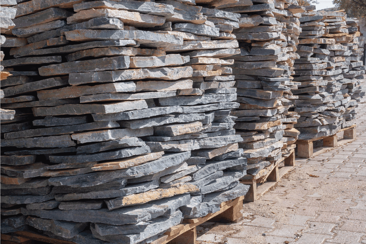 Pallets with natural stone close up. Folded flagstone.
