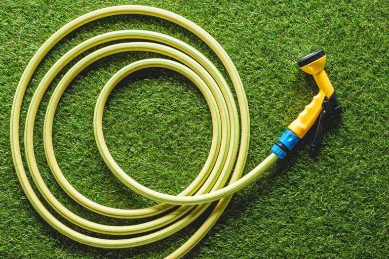 Top view of a garden hose on grass, What Is The Standard Garden Hose Size [Inc. Thread Size]?
