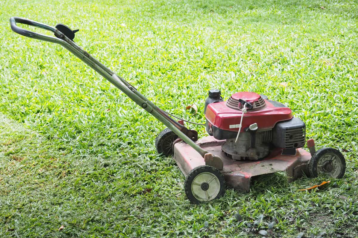 dirty red electric lawn mower on a grass lawn
