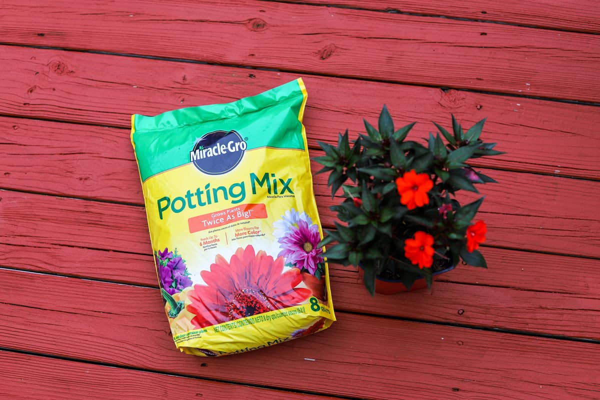 A bag of Miracle Gro potting mix on a deck