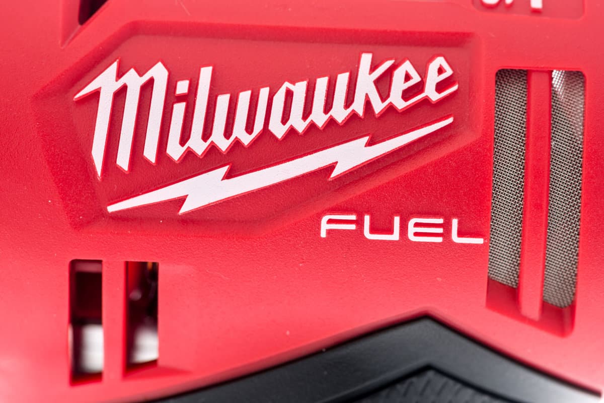 A close up of Milwaukee tool company logo on an isolated background
