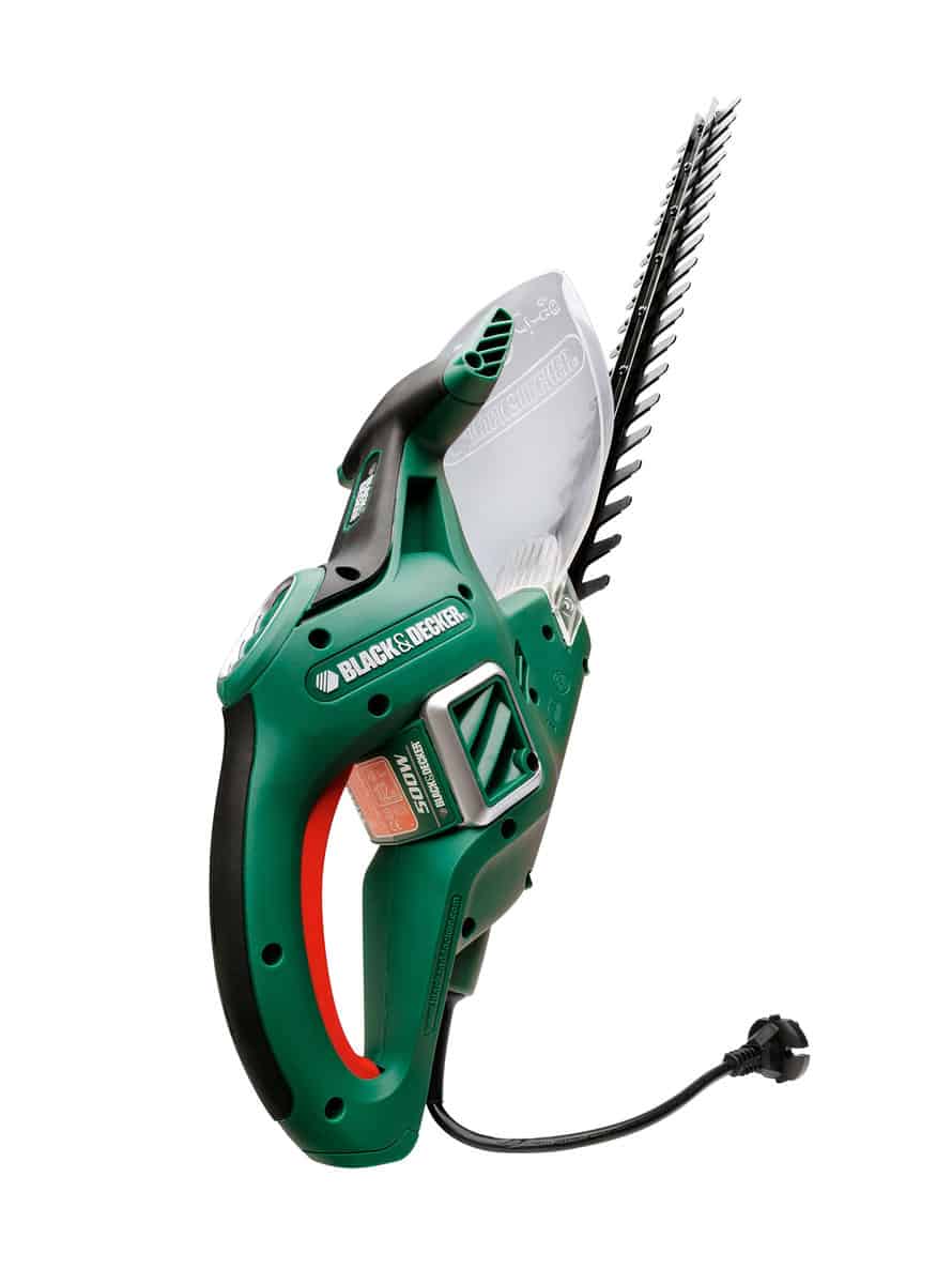  Black and decker hedge trimmer in a studio setting, isolated on white.