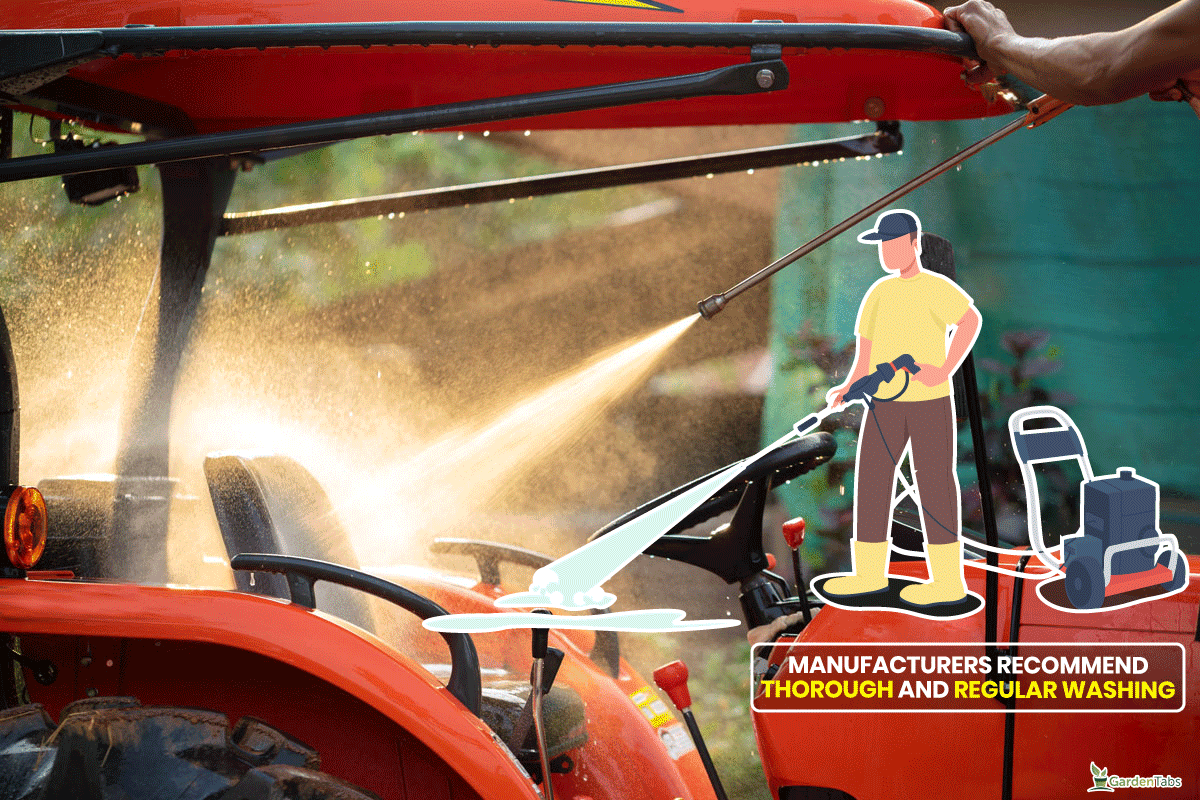 Man washing tractor with high pressure washer.with sunset light, Can I Wash My John Deere Tractor? Should I?