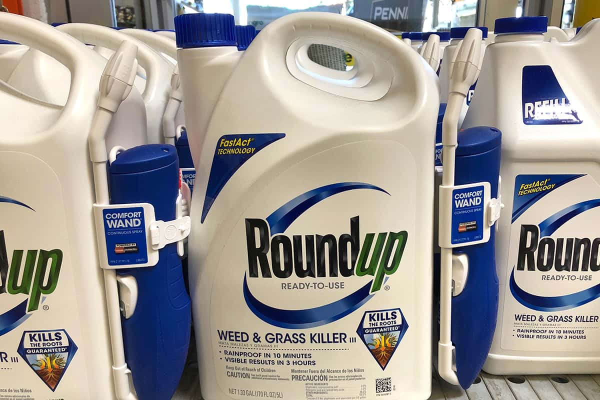 Garden supply store shelf with containers of RoundUp weed killer