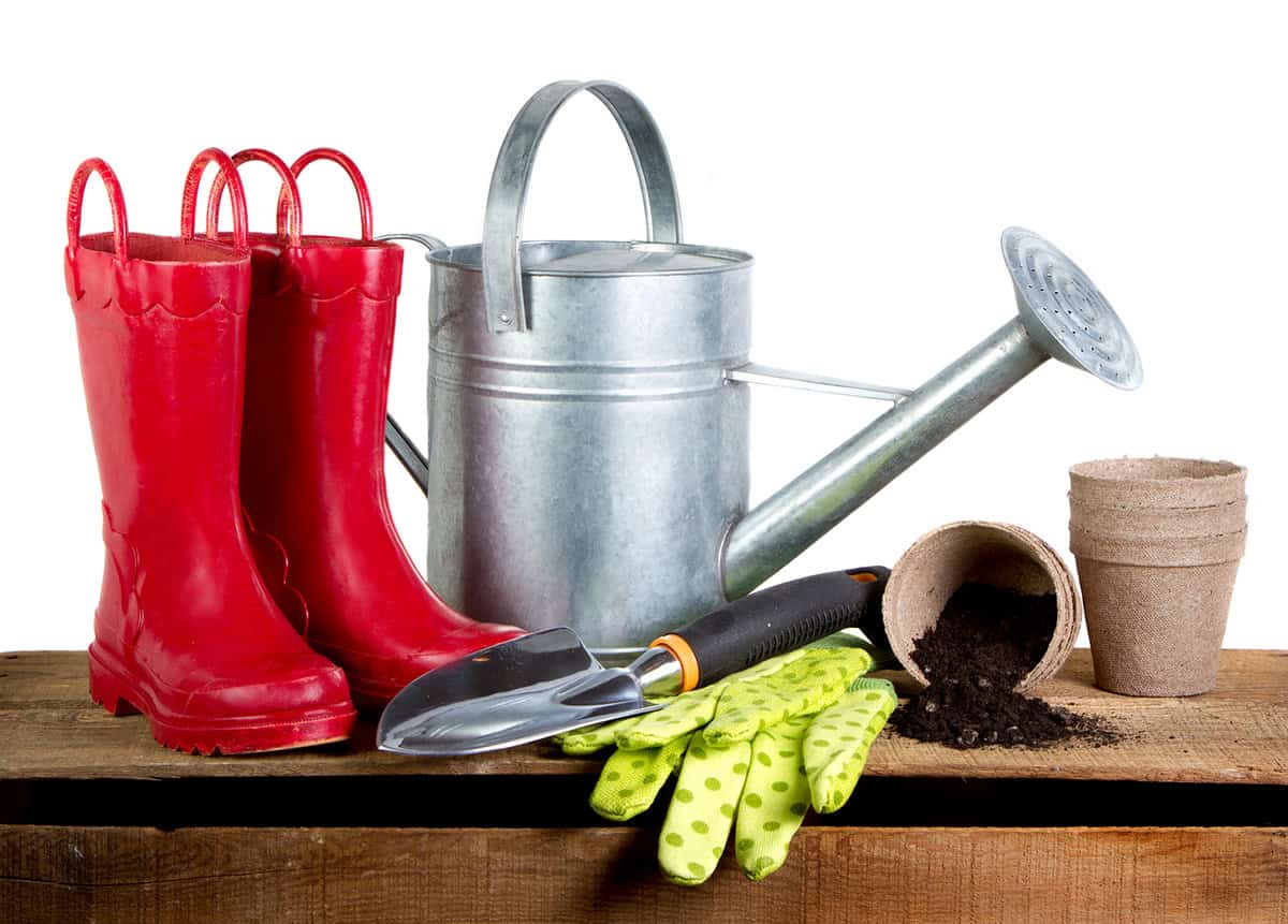 Gardening tools and red rubber boots