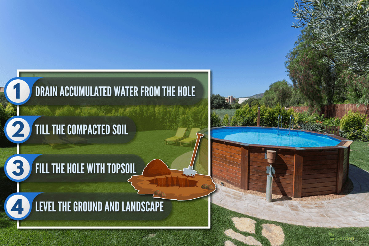 above ground pool sets on concrete wide yard on the garden, How To Fill Hole From Above Ground Pool [Inc. Backyard Ideas You Will Love]