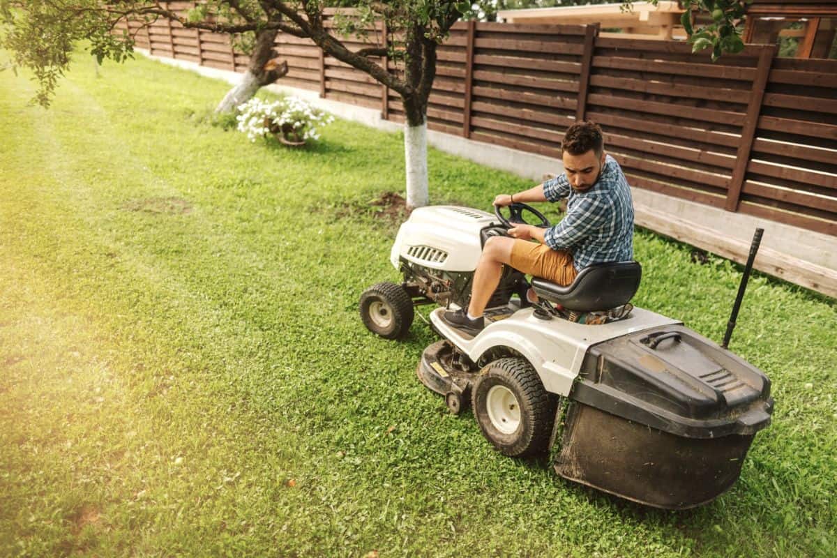 Industrial handsome worker using ride-on tractor, lawn tractor. Lawn mowing details with tractor and sun rays