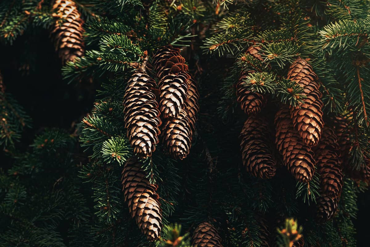 Spruce tree branches with many cones closeup, fir tree background 