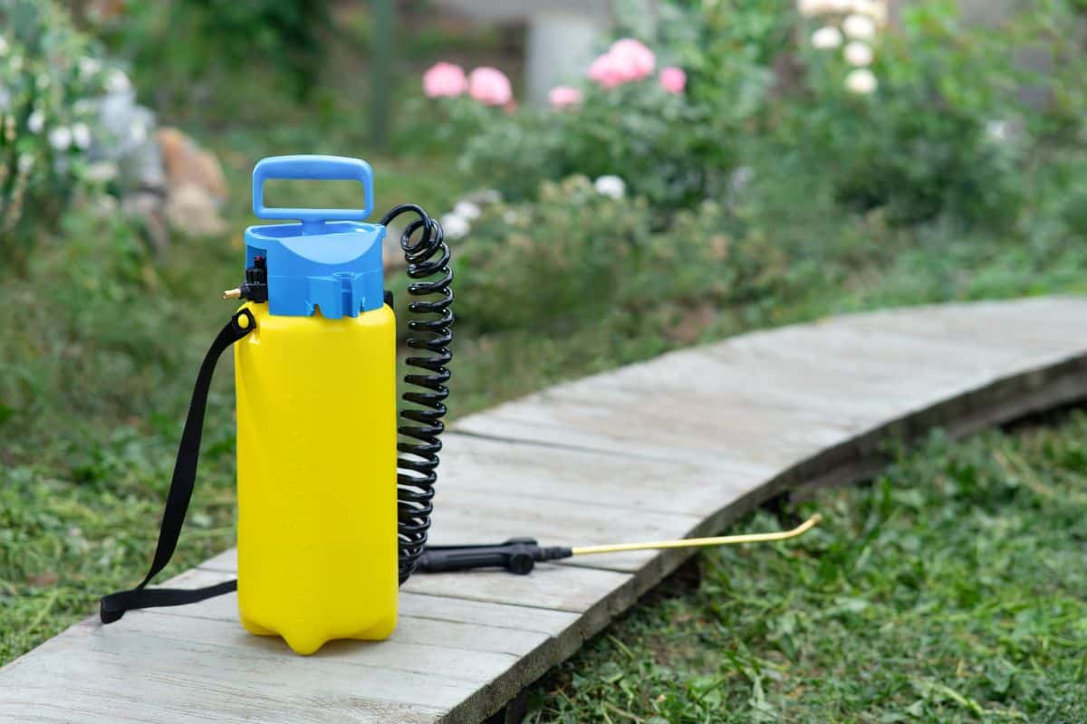 A pesticide sprayer stands on a wooden path in the garden