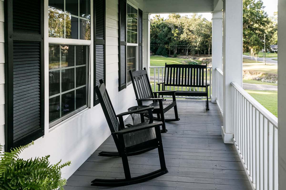 front porch southern home black rocking