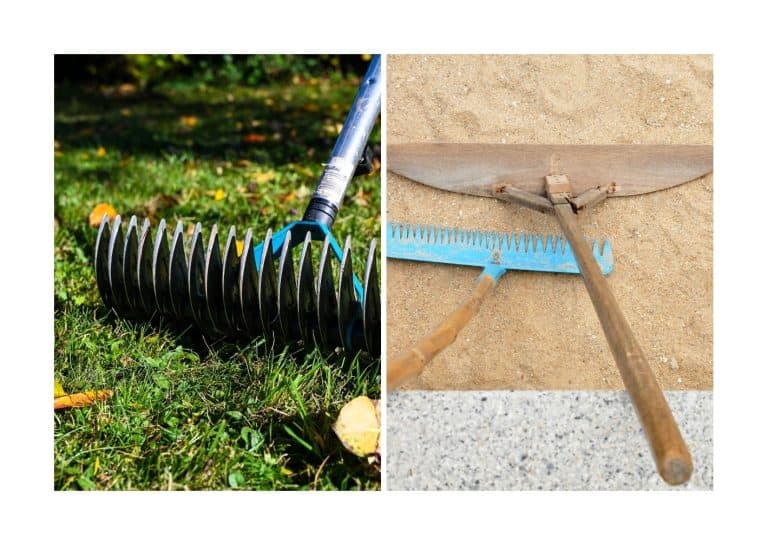 A lawn thatcher in a garden with yellow leaves on the grass. - The road construction crew used shovels and mops to level the asphalt for a new coating. - Landscape Rake Vs. Leveling Rake: What's The Difference?