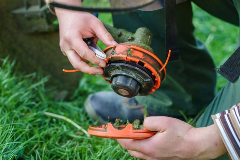 Close up on string trimmer head unknown caucasian man holding and repairing weed cutter replacing parts replacement in day on the field farmer or gardener. - 4 Best Trimmer Lines For Heavy Weeds