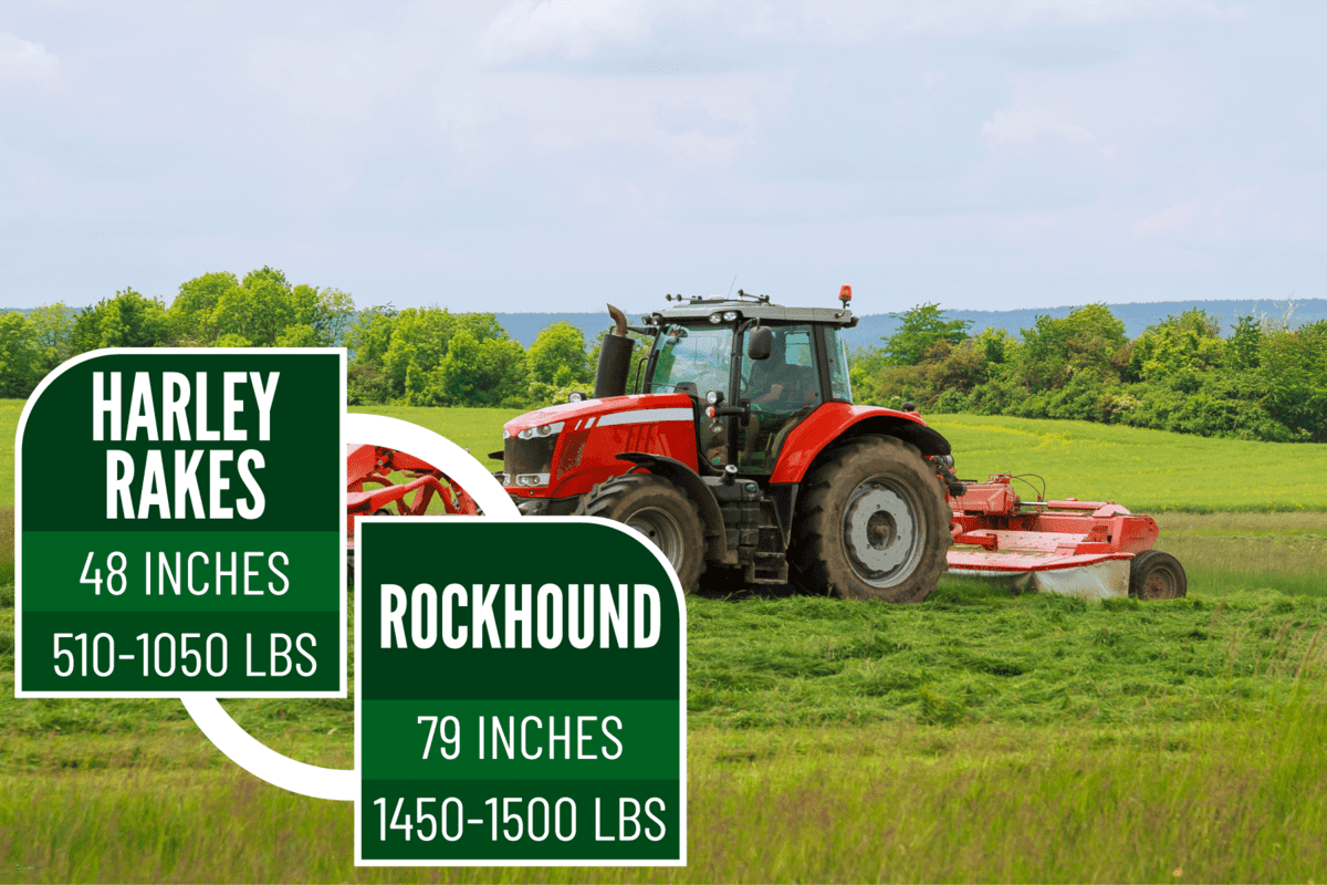 A heavy-duty tractor with an attached rake at its back, Harley Rake Vs Rockhound: What's The Difference?