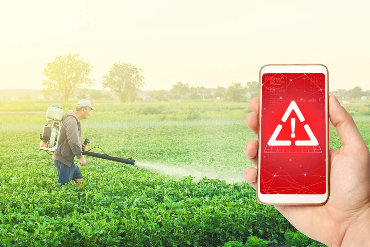 Phone in hand displaying a warning on background of a farmer with a mist sprayer fogger on a farm field. Use of dangerous chemicals for the treatment of plants and crops. Potential health hazard.