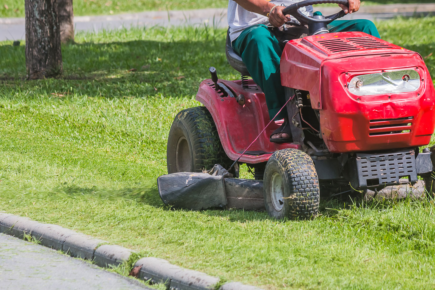 The gardener is using a lawn mower in public park 