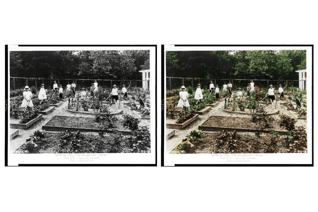 Black and white comparison to a colorized photo of children cultivating plants