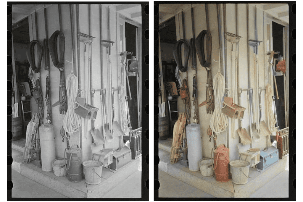 Photo of garden equipment's in the 1900s stored in a shed