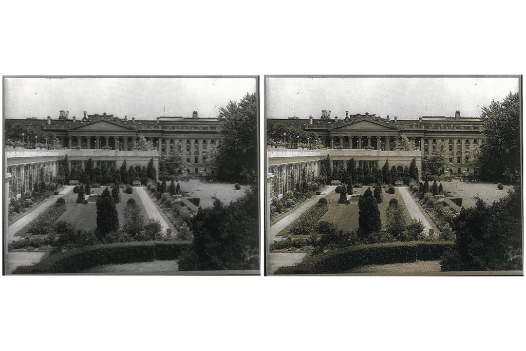 The white house colonial garden black and white image next to a colorized image