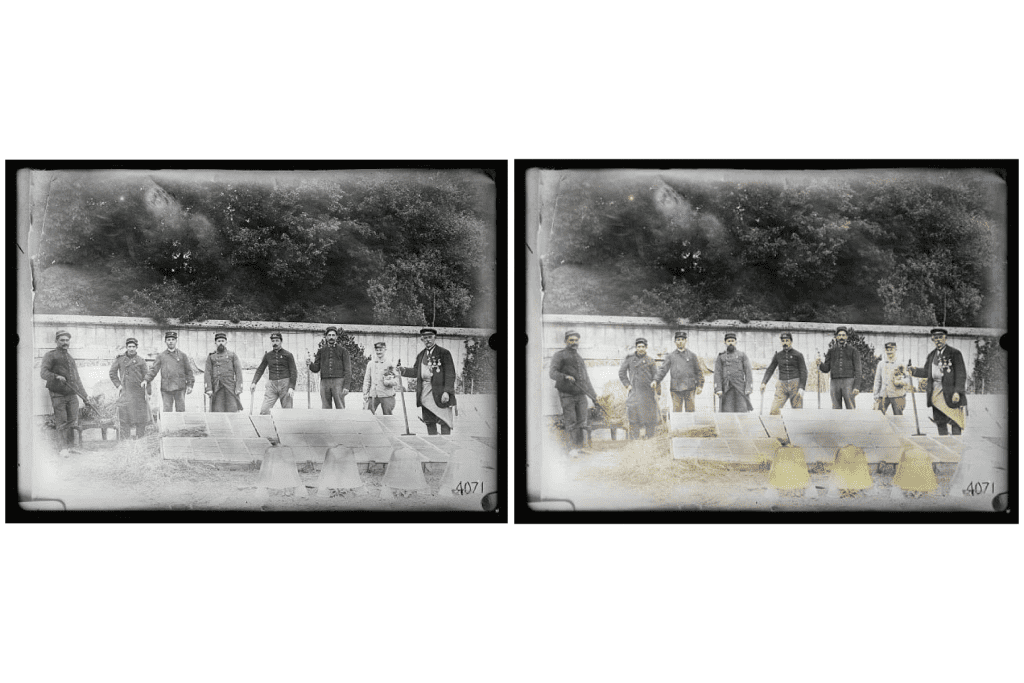 Black and white image of gardeners compared to a colorized image of them using AI
