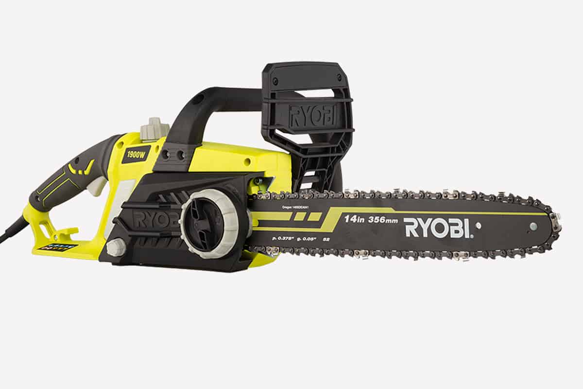 Side view image of an electric chainsaw from Ryobi