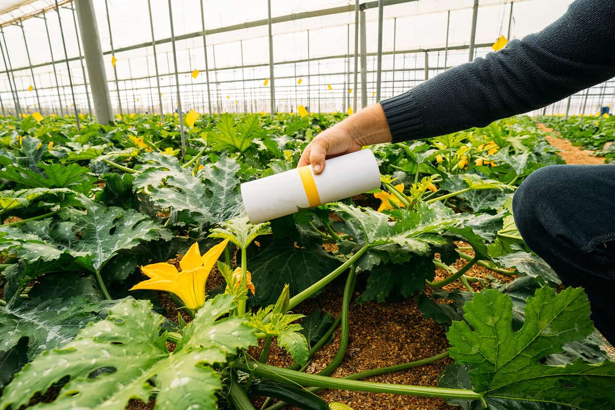 Farmer applying insects for biological pest control in an organic zucchini crop in a greenhouse