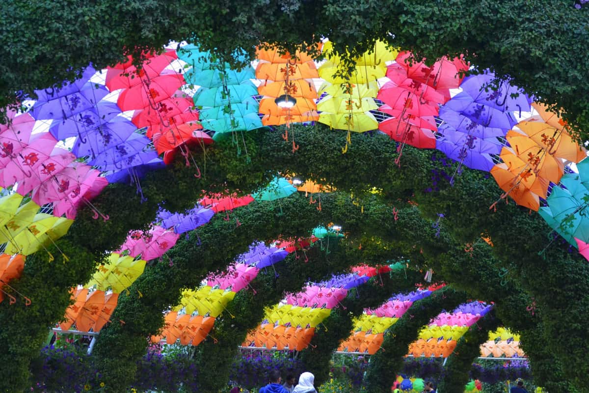Colorful and bright umbrellas installations at Dubai Miracle Garden.