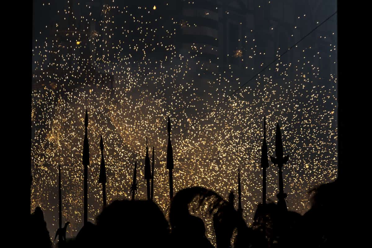 Scoppio del Carro ("Explosion of the Cart"), folk tradition of Florence, Italy pictured at night