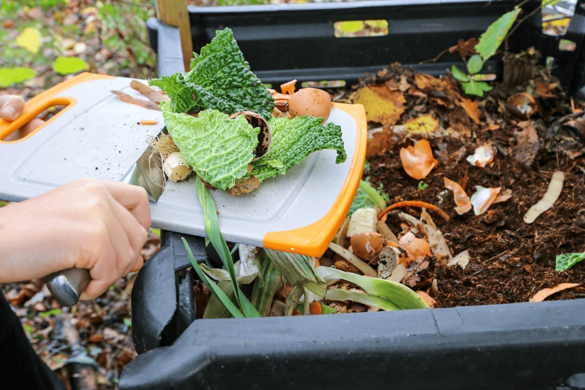 Composter with organic waste on the garden