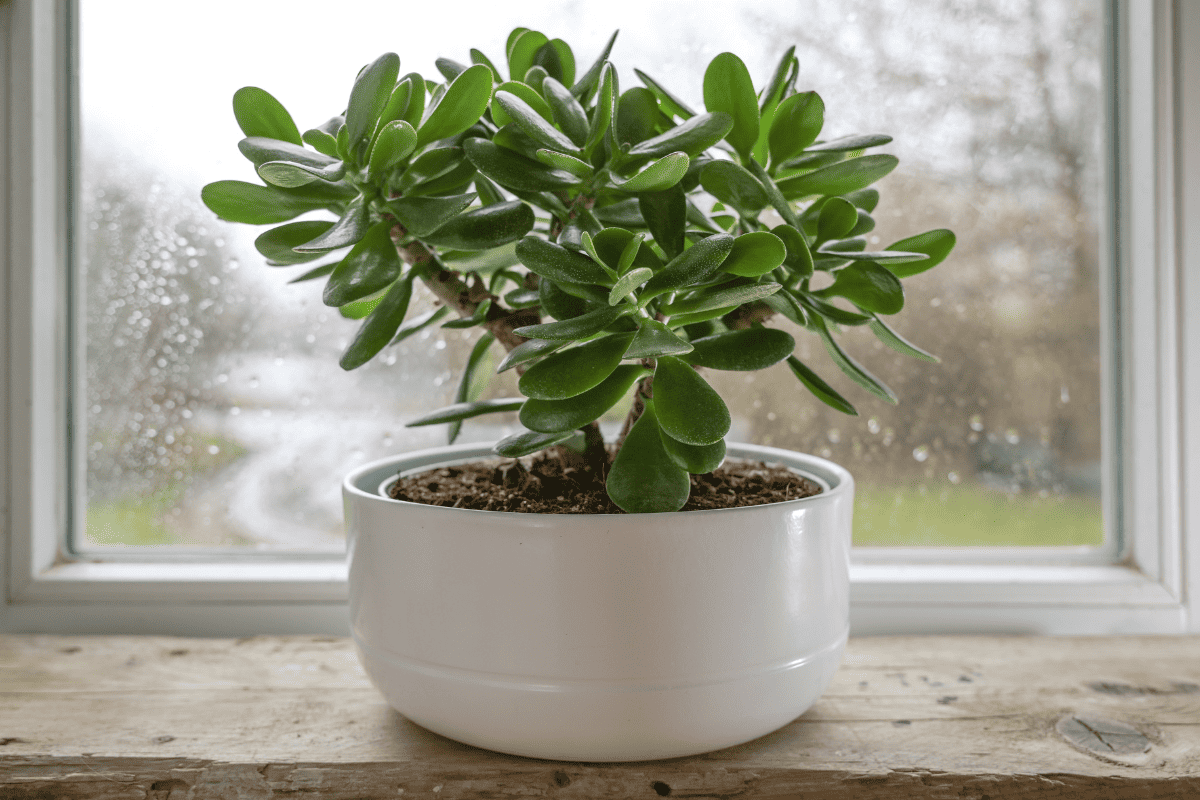Crassula ovata, known as lucky plant or money tree in a white pot in front of a window on a rainy day