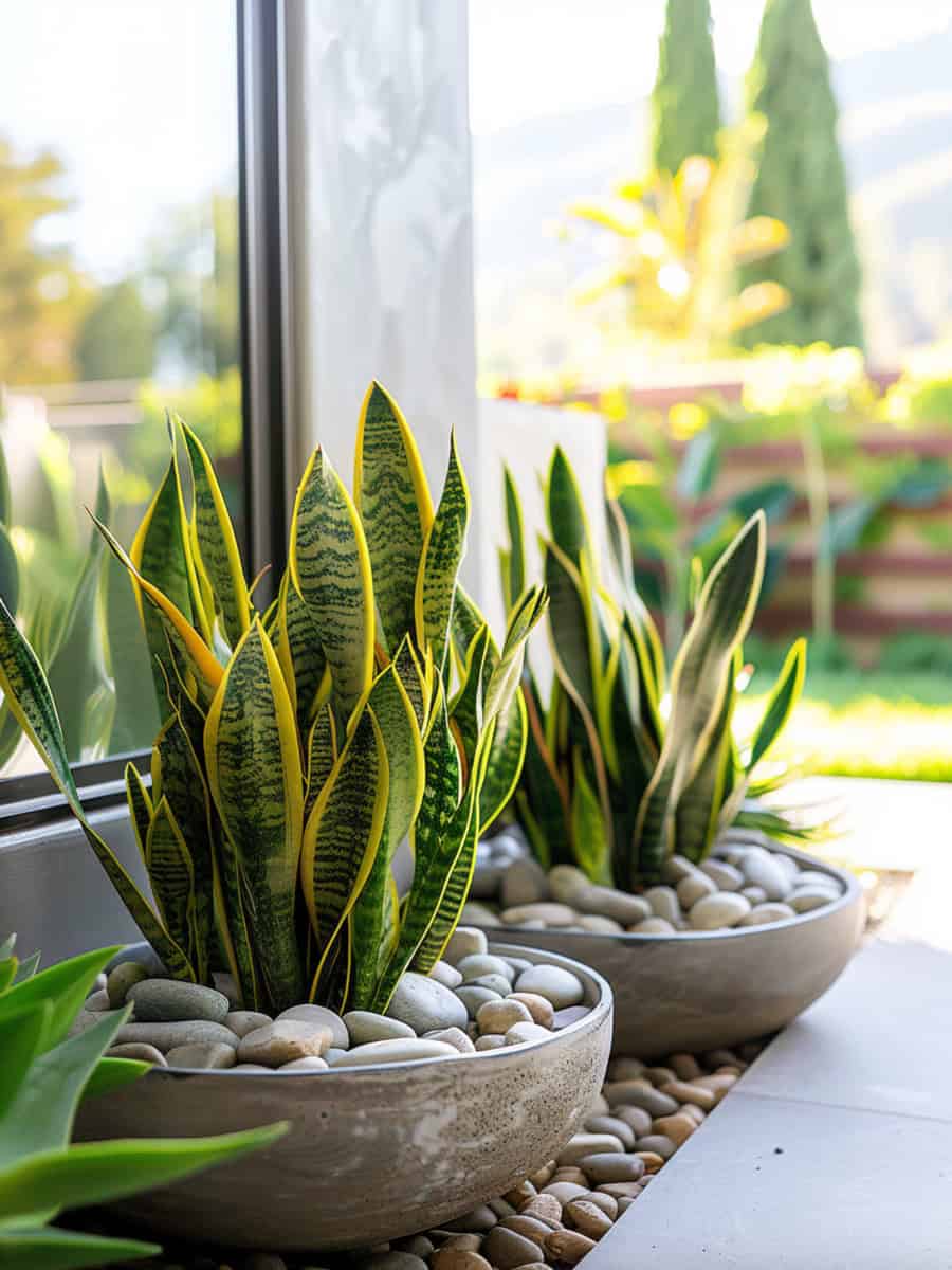Enhance your planter with rocks for a polished finish that complements snake plant leaves and keeps soil secure