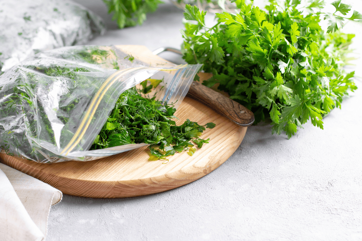 Frozen parsley in a plastic bag