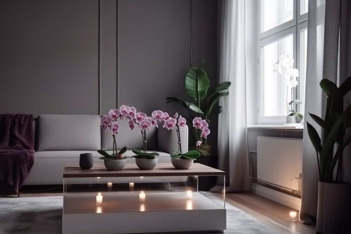 purple orchids placed on the coffee table inside a living room