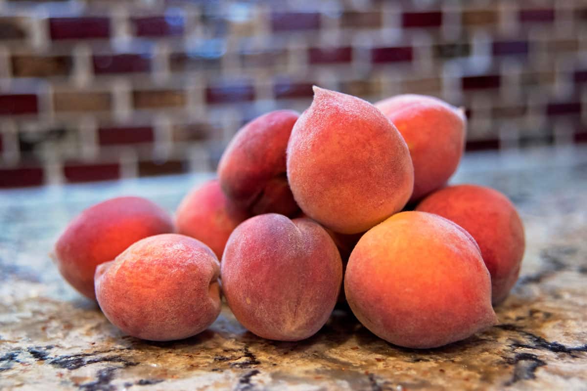Red haven peach placed on a countertop