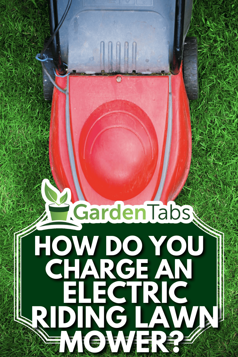 Top view on mowing the grass. The gardener mows the grass with a red electric mower. Work in the garden, spring cleaning. Care for the garden and grass. - How Do You Charge An Electric Riding Lawn Mower?
