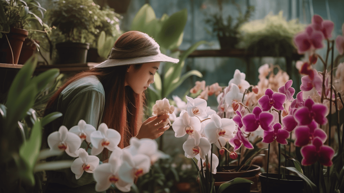 Woman selecting smelling orchid