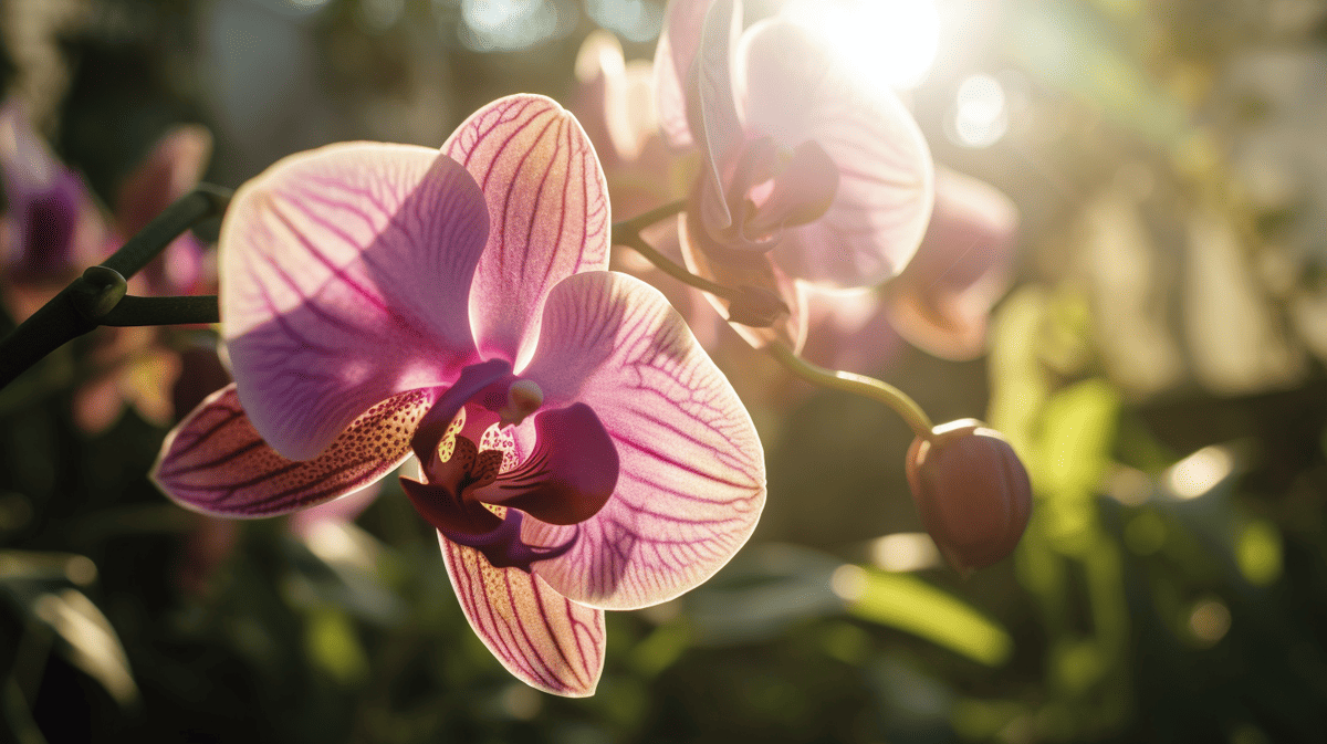  a pink orchid flower is in flower with sunlight from behind, in the style of nature-inspired installations, muted tonalities, sunrays shine upon it, nature-based patterns