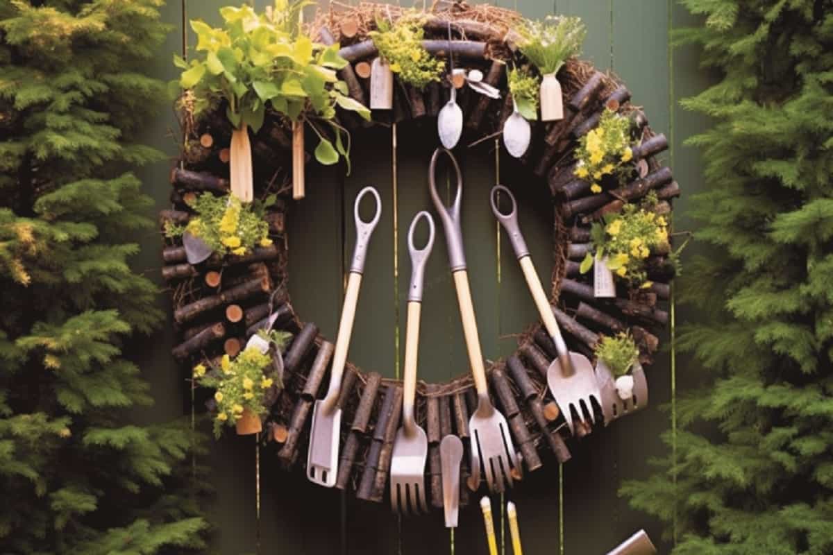 garden tools into a unique and charming wreath for your garden gate or front door.