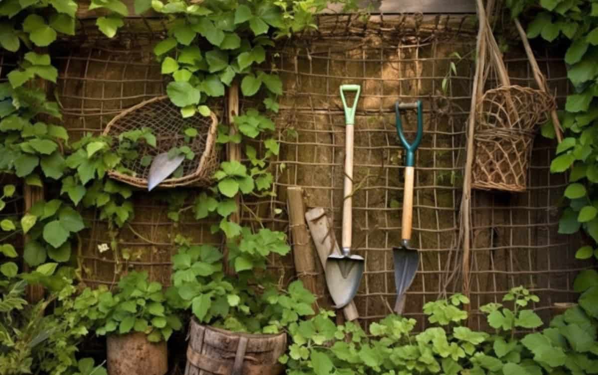 old garden tools into a sturdy trellis for your climbing plants. 