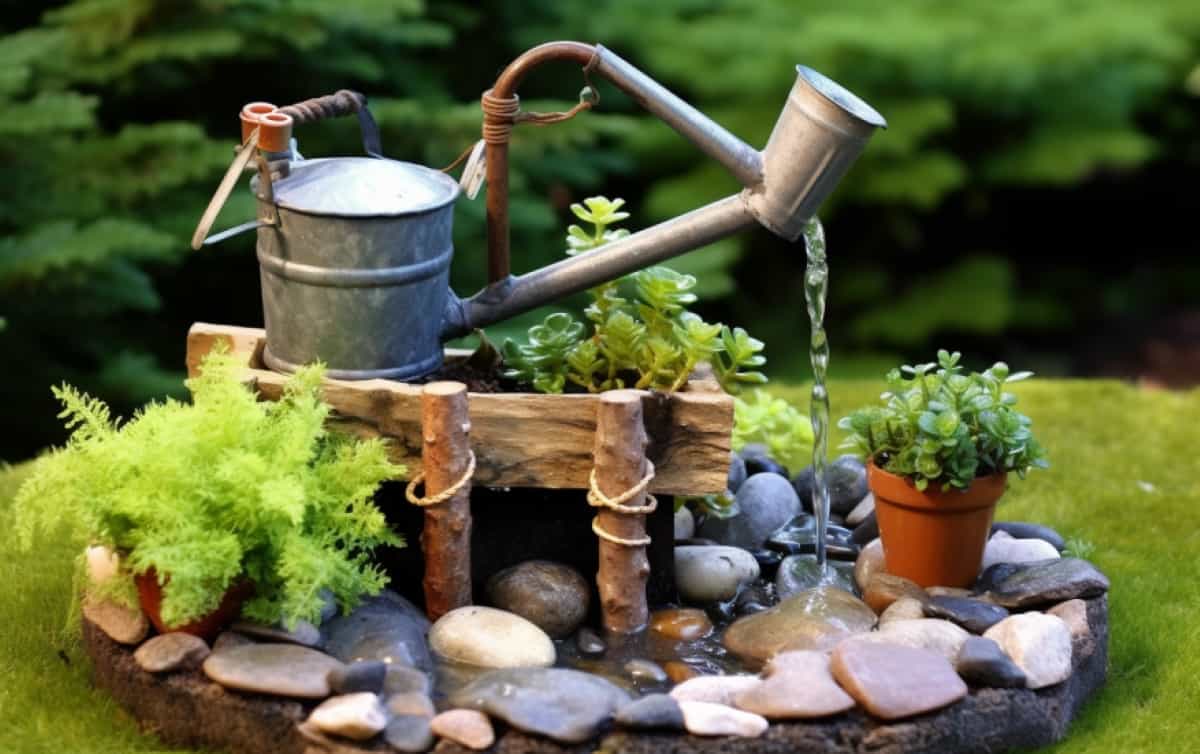 old garden tools into a unique and charming fountain for your garden or backyard. Use a watering can or bucket as the base, and attach a fountain pump and hose to create a soothing water feature.