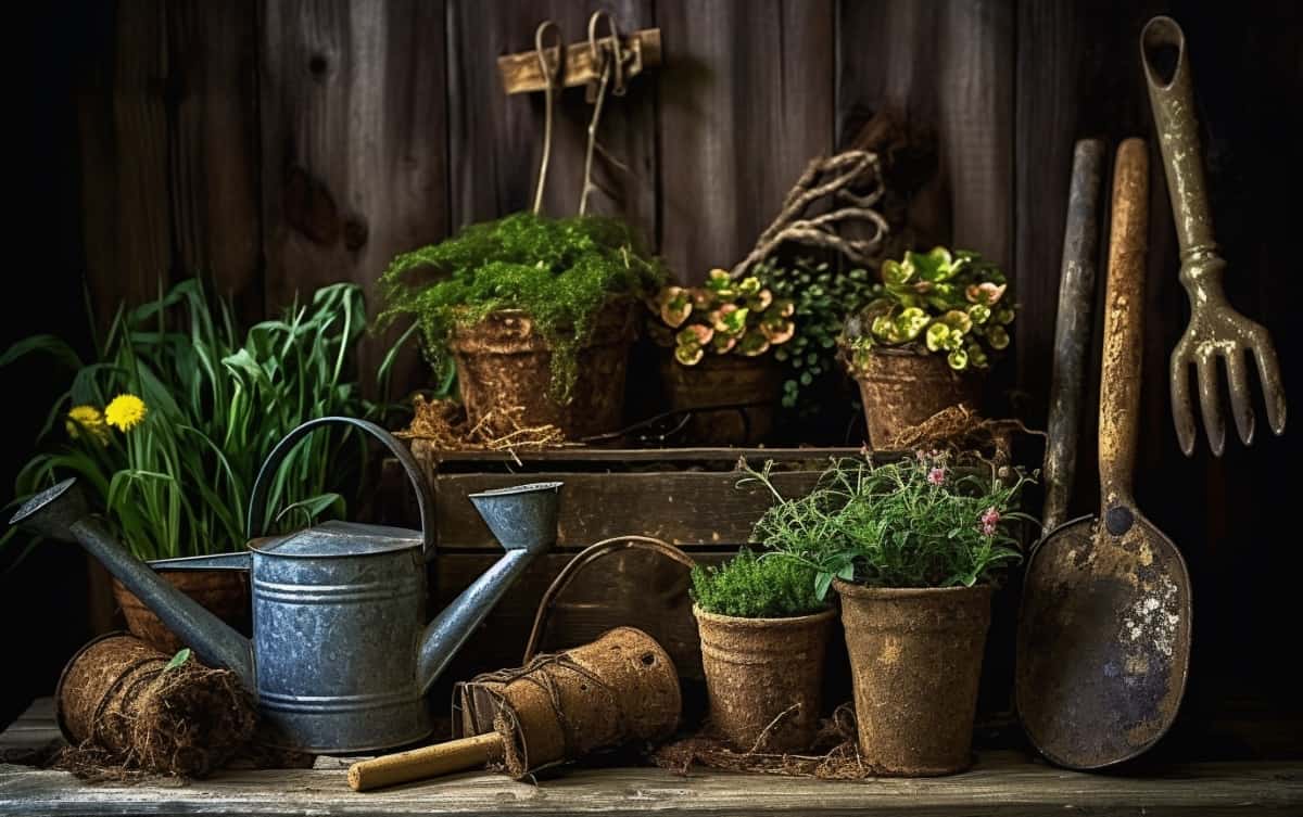 old garden tools into charming and rustic planters for your garden or patio. Use a watering can or bucket as the base, and fill it with soil and your favorite plants.