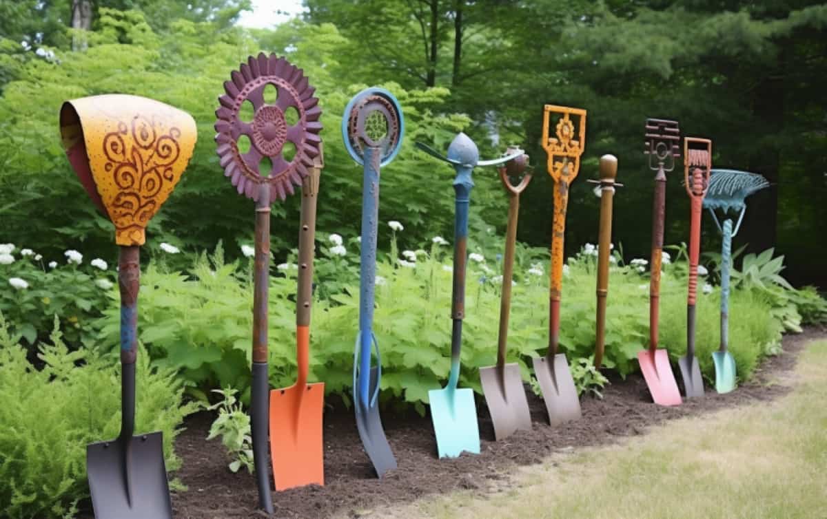 one-of-a-kind garden art using your old garden tools. For example, use a shovel or rake as a canvas and paint a colorful and whimsical design.
