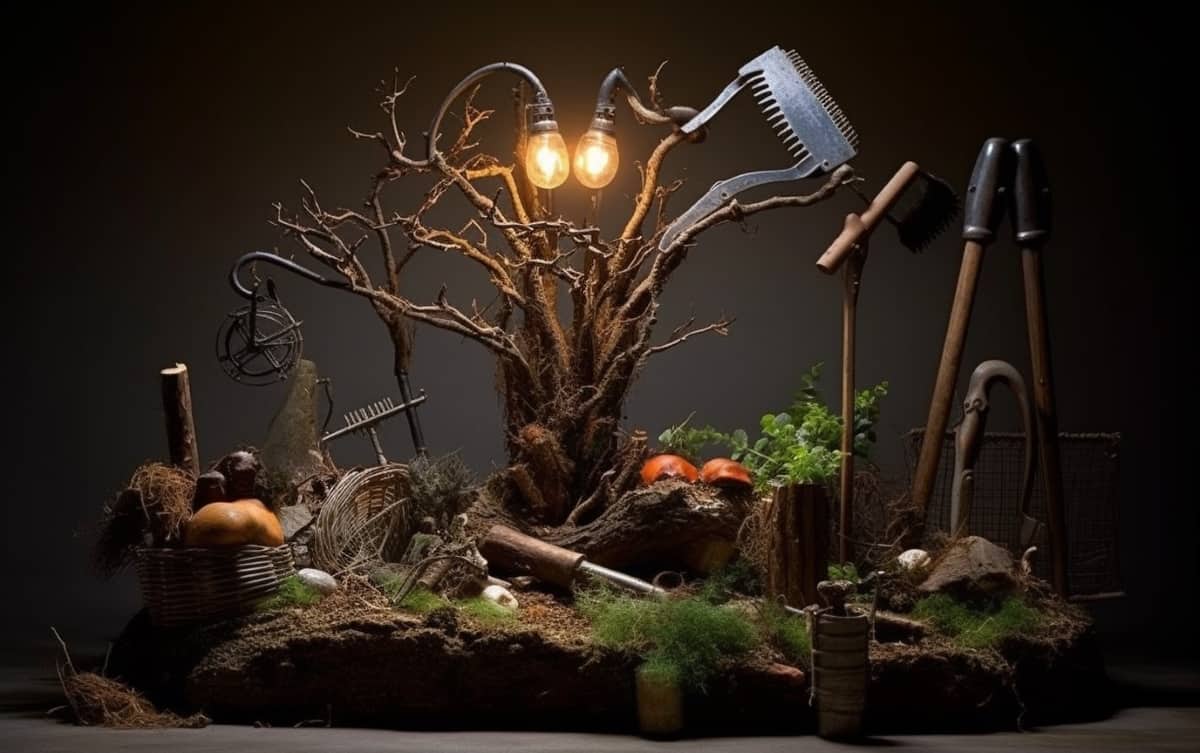 photo of a one-of-a-kind garden sculpture using old garden tools. Use various tools, such as shovels, rakes, and trowels, and arrange them uniquely and creatively. 