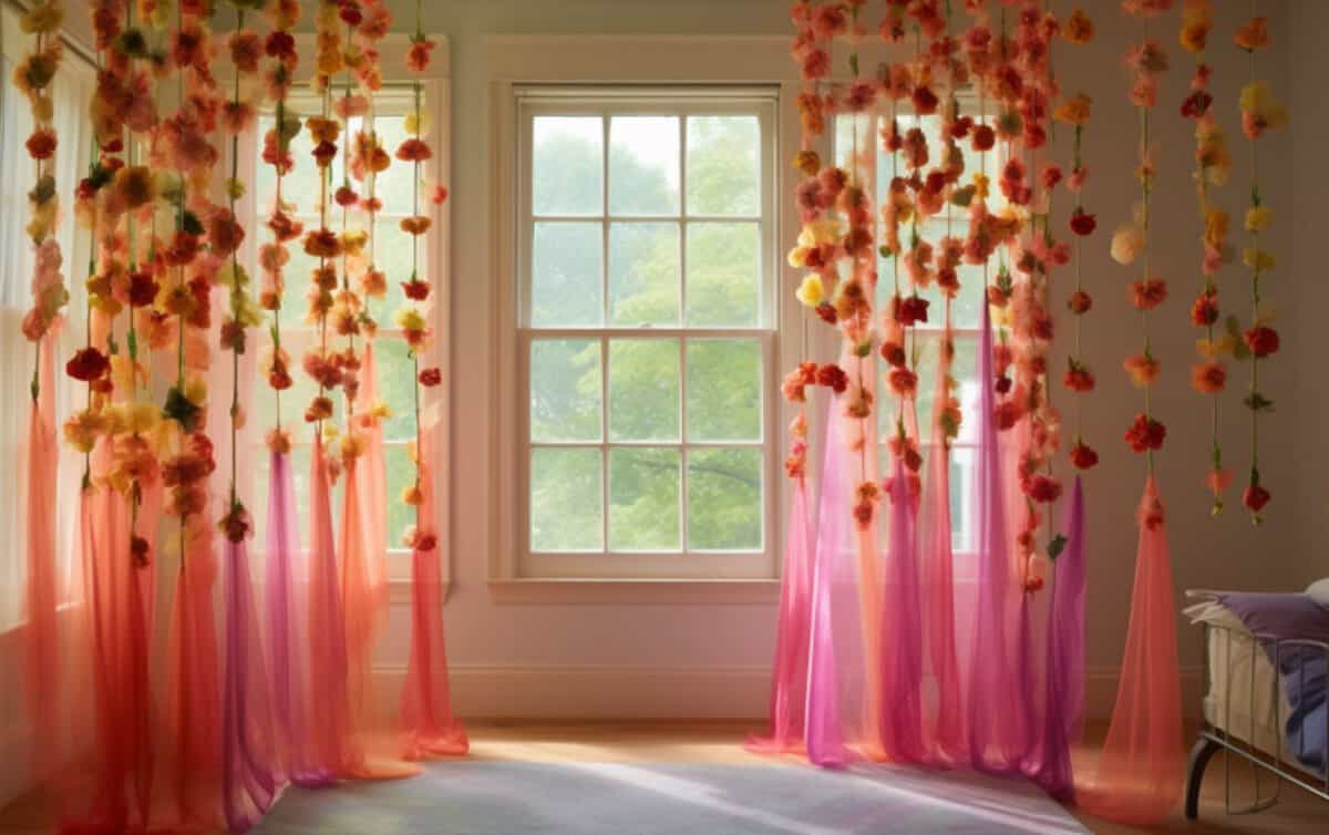 whimsical flower curtains by threading fresh-cut flowers onto fishing lines or thin twine.