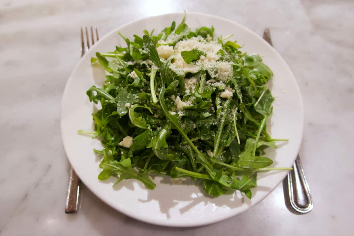 Arugula salad on a white plate 