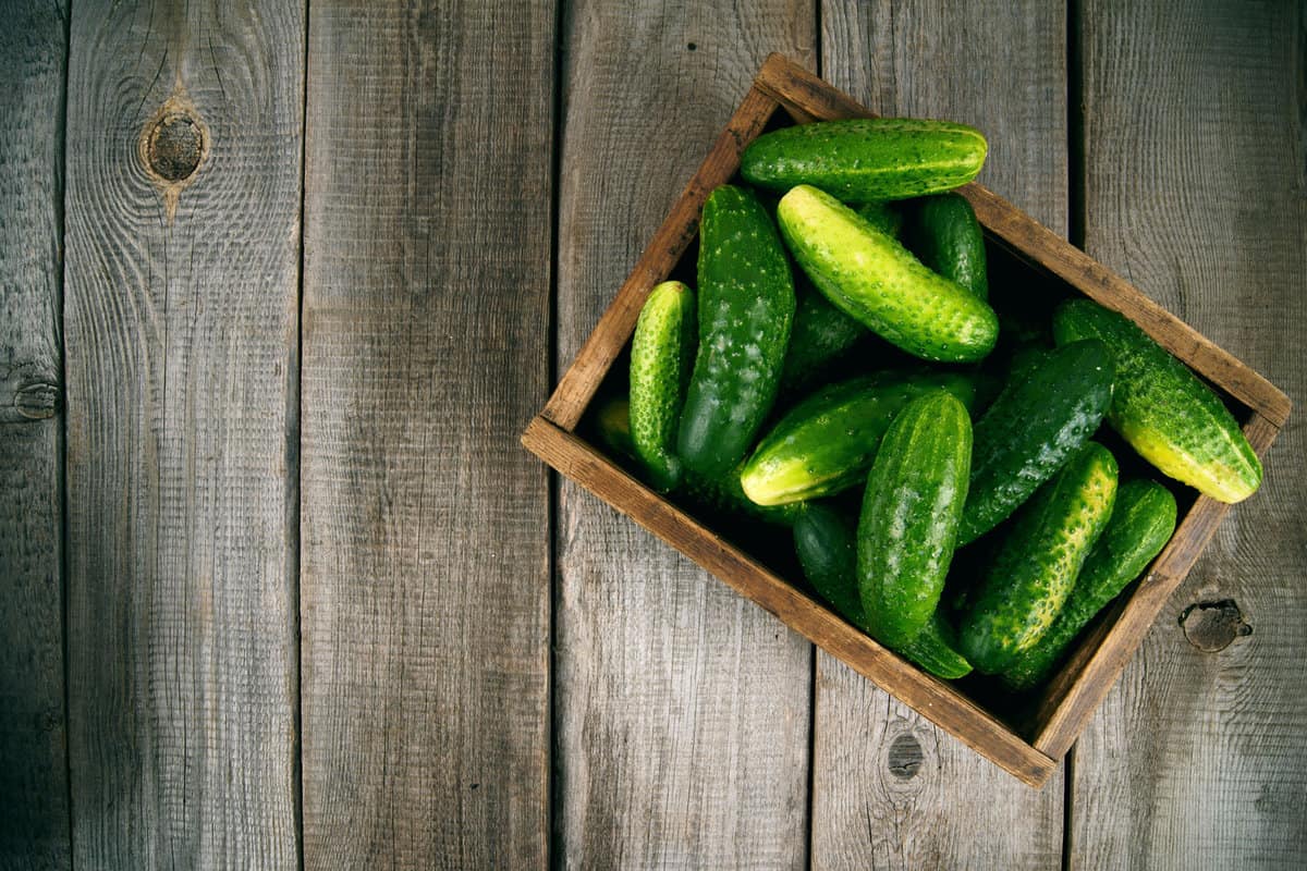 Cucumbers-in-a-box-on-a-wooden-background-