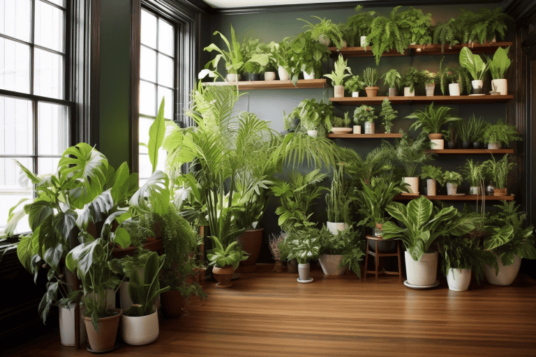 Captivating display of indoor houseplants on shelves in a bright room
