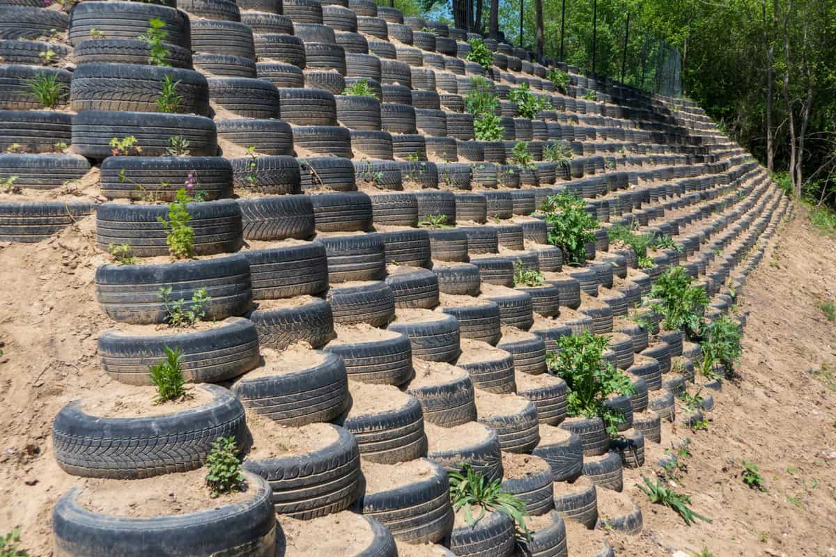 A huge retaining wall made out from tires