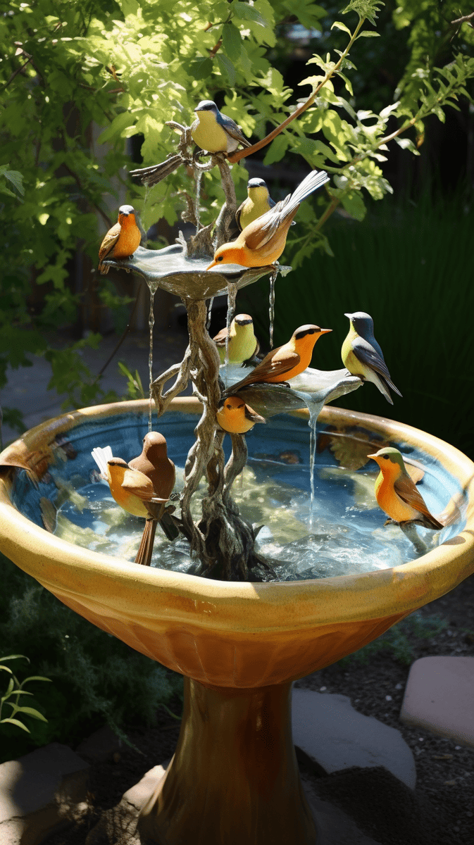 Happy birds bathing in a bird bath
